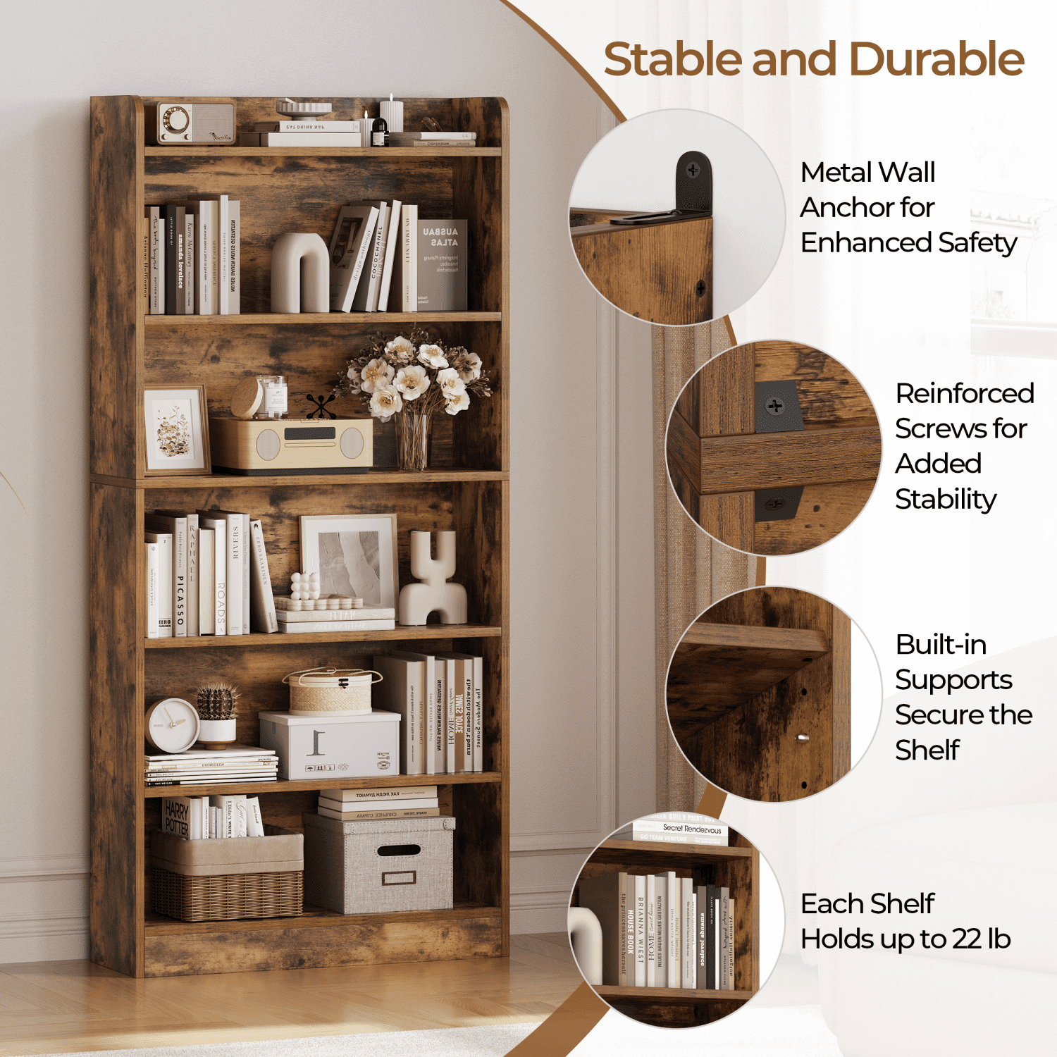 Renwick 6-Tier Open Shelf Bookcase with Top Open Compartment, Rustic Brown