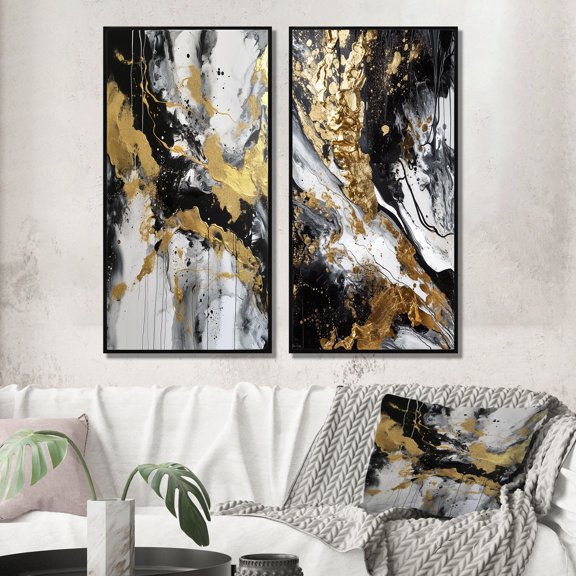Designart "River of Joy Abstract in Gold, Black, and White I" Abstract Painting Framed Wall Art Set Of 2 - Modern Gold Gallery Wall Frame Set For Home Decor