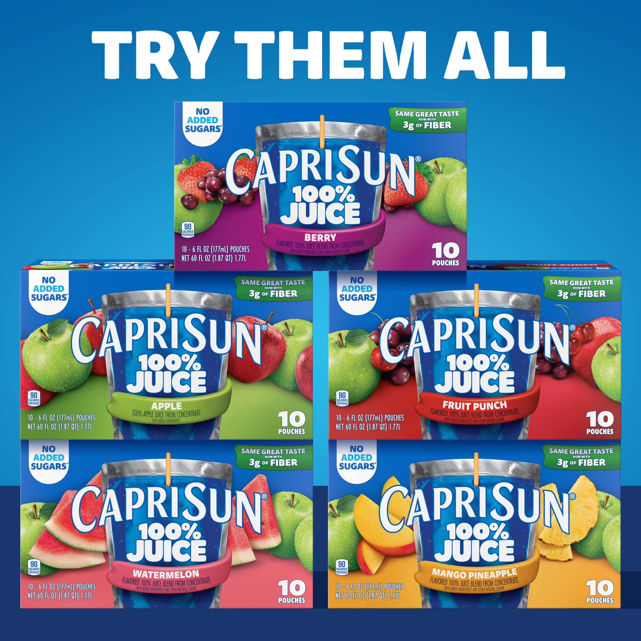 Capri Sun 100% Juice Blend from Concentrate Juice Boxes, 10 Pouches, for School Lunches and On-the-Go Hydration, Berry with Added Ingredients and Other Natural Flavor, All Natural Ingredients, 6 oz
