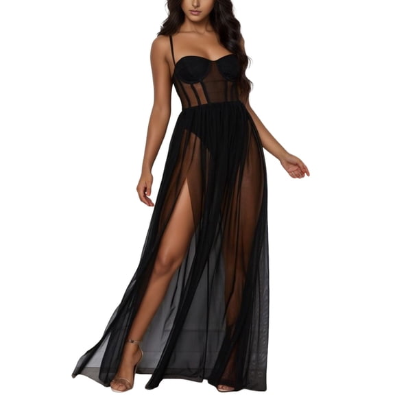 VBEWZET Women Fishbone Corset Mesh Maxi Dress, Sweetheart Slit Sheer Evening Gown Black S