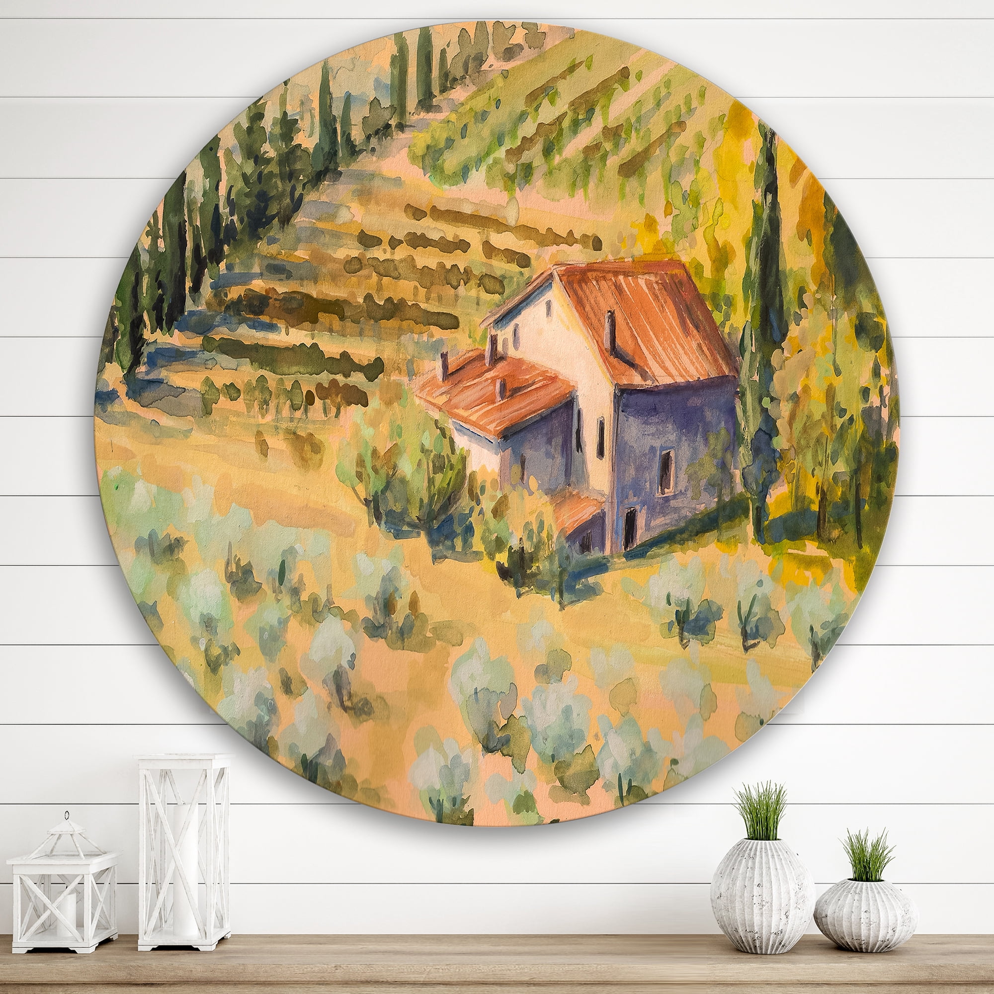 Designart 'Little Farmhouse In Countryside' Country Circle Metal Wall Art 36x36 - Disc of 36