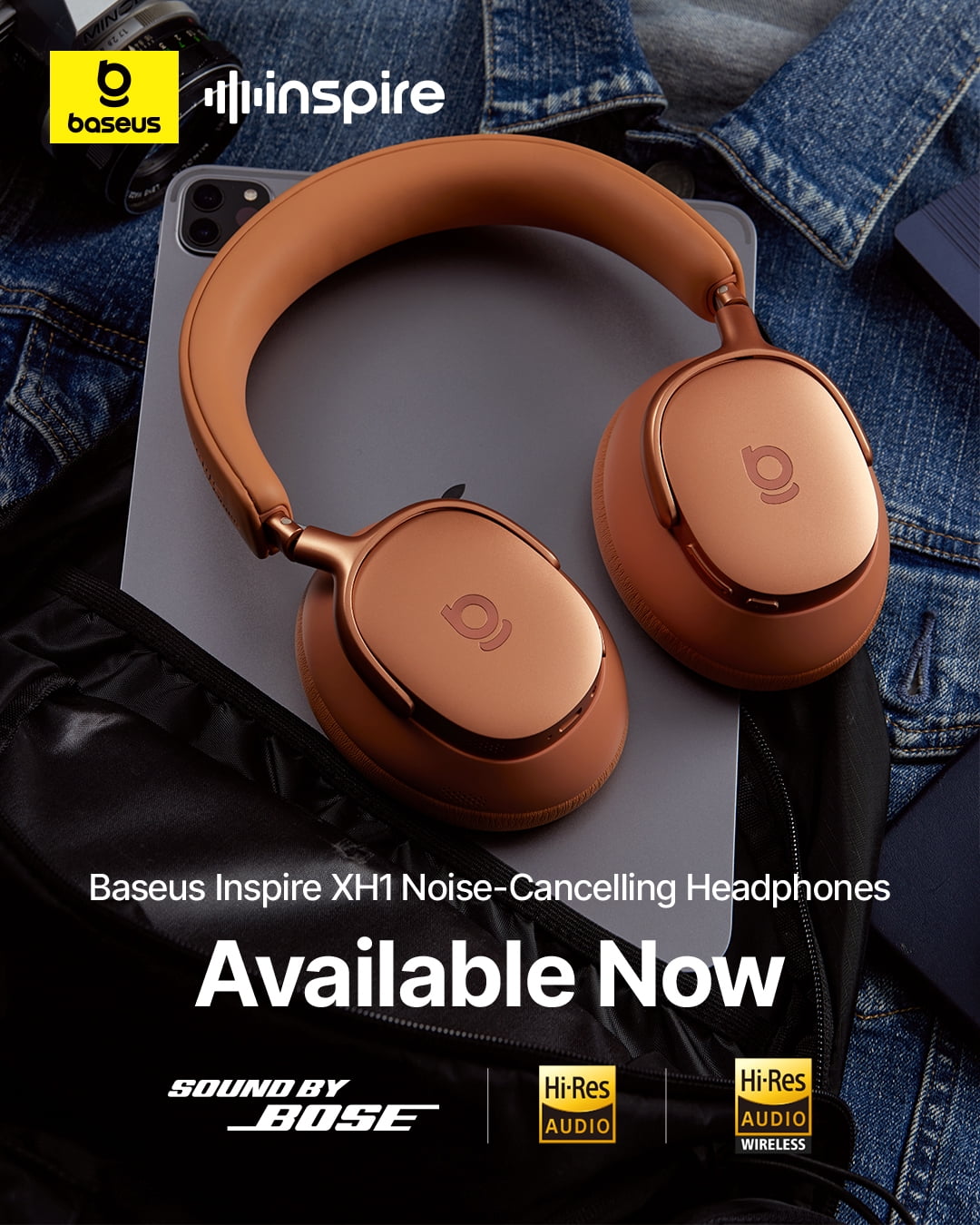 Baseus Inspire XH1 Adaptive Noise Cancelling Headphones, Hi-Res Audio, 100H Playtime, Over-Ear Wireless Bluetooth Headset for Commute, Travel & Calls, Cosmic Sunset