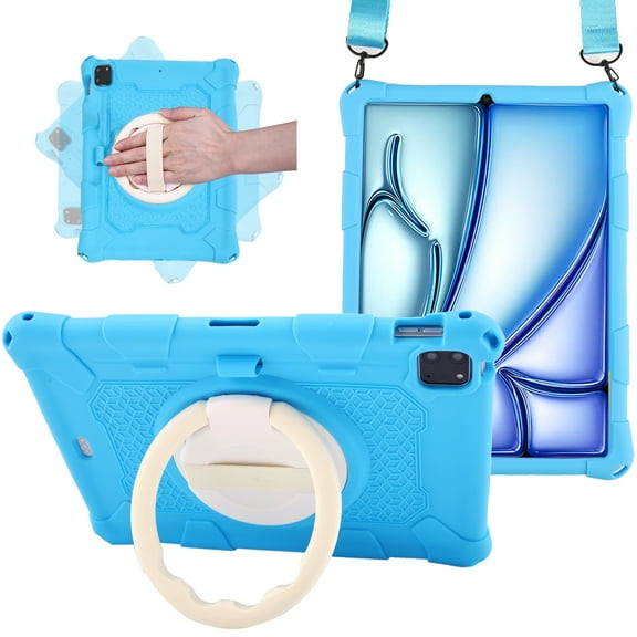 Case for Apple iPad Pro 11 5th 4th 3rd 2nd 1st Gen/ iPad Air 11 2024 M2/Air 4 5, Soft Silicone Drop Protection Rotating Kickstand with Shoulder Strap Pencil Holder Kids Friendly Lightweight, Skyblue