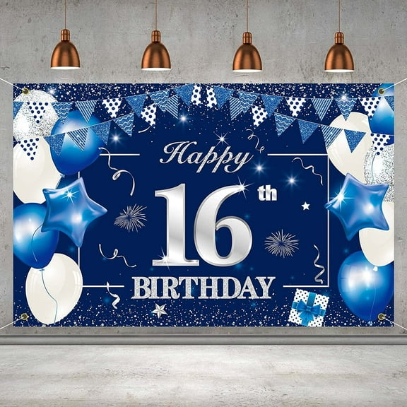 Happy 16th Birthday Banner Backdrop Sign Background, 16 Birthday Party Decorations Supplies for Boys Girls Blue Silver