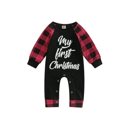 

Canrulo My First Christmas Newborn Infant Baby Girls Boys Jumpsuit Plaids Print Long Sleeve Romper Clothes Black 0-3 Months