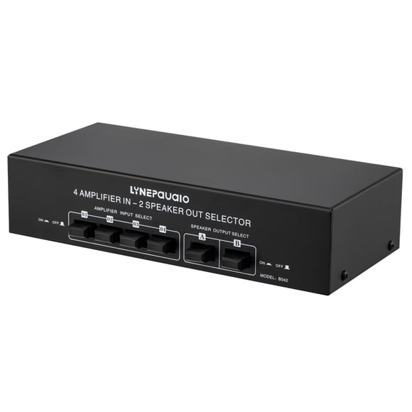 Conmutador de audio LYNEPAUAIO conmutador de Audio de 4 entradas y 2 salidas, selector de señal de Audio, caja divisora con conectores Banana, interruptor de Control independiente para sistema estéreo LYNEPAUAIO Conmutador de audio