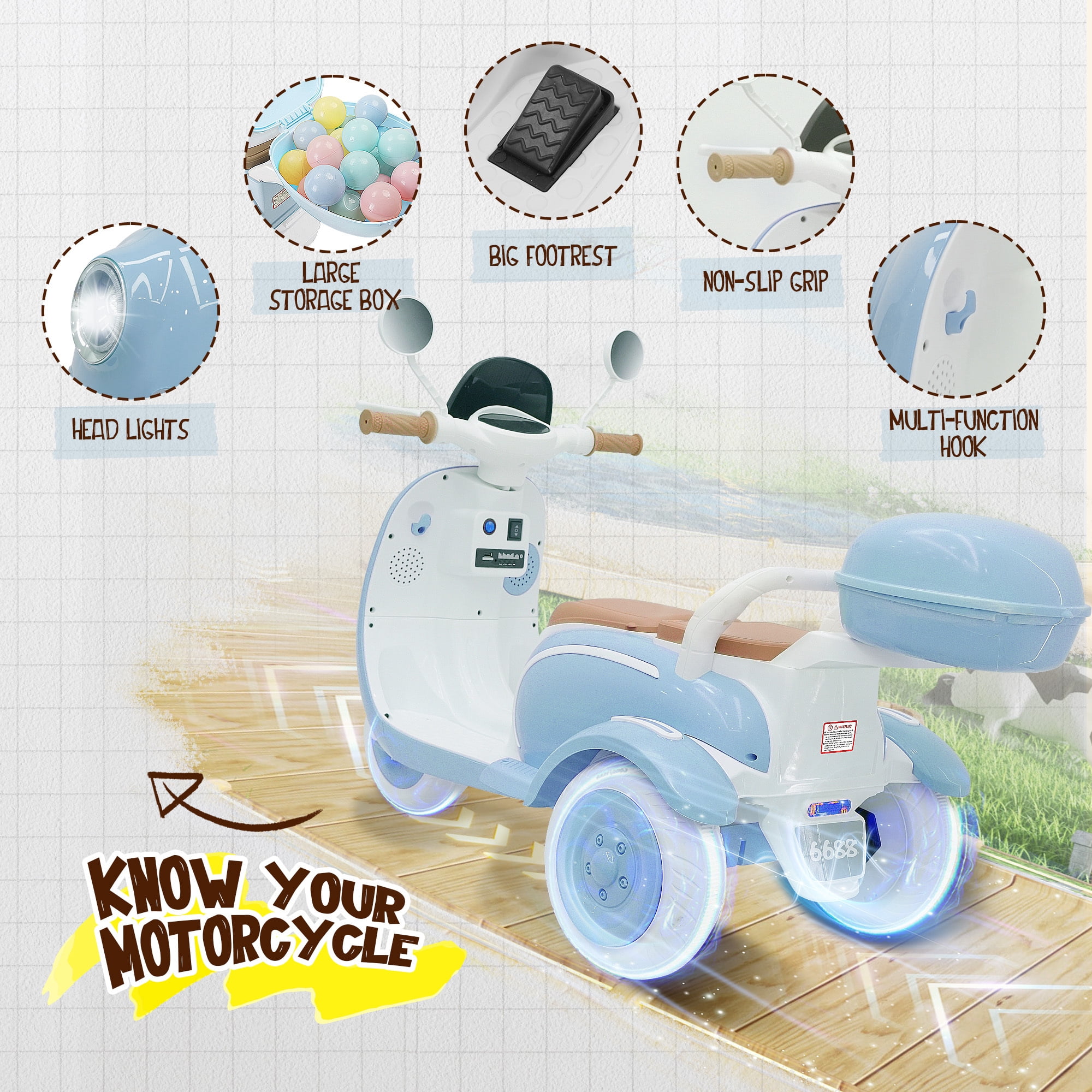 Letsgokid 2 Seater Electric Motorcycle, 12V Ride On Motorcycle with USB, Music, Bluetooth, Light, Big Storage Box, Motorcycle for Kids 3+