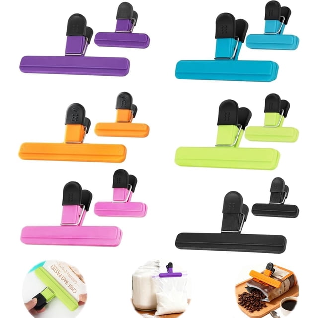 12 Piezas Clips para Bolsas de Alimentos,Pinzas de Cierre Hermético para Cocina,6 Grandes (15.5cm) y 6 Pequeñas (7.8cm),Material ABS Antideslizante,Multicolor,Ideal para Pan, Snacks, Congels y Más