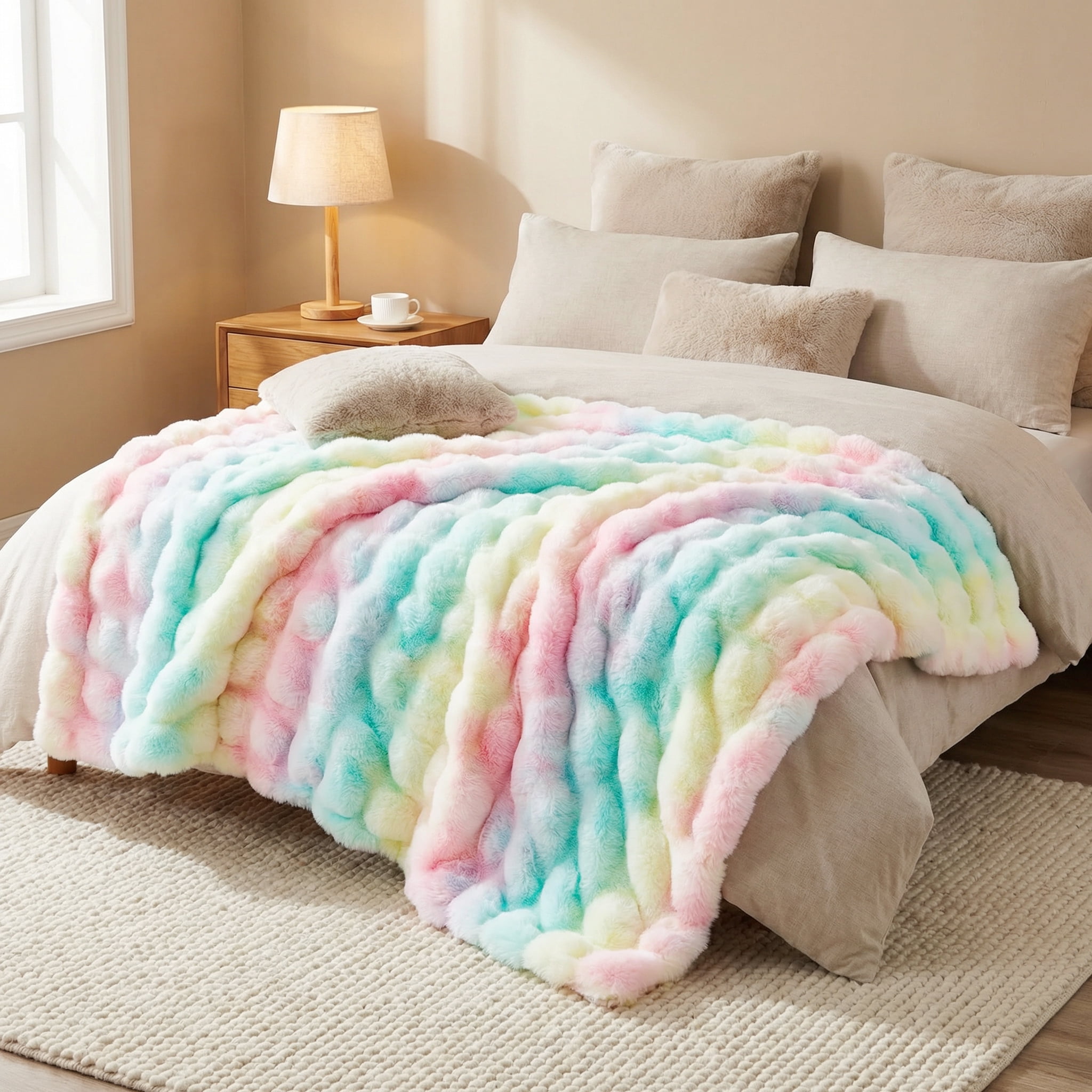 JONIYEAR Soft Decorative Colorful Bubble Faux Rabbit Fur Throw Blanket 50" x 60", Extra Thick Textured Warm Fluffy Blanket,Luxury Shaggy Cute Cozy Fuzzy Furry Lap Blanket for Couch Women Girl,Rainbow