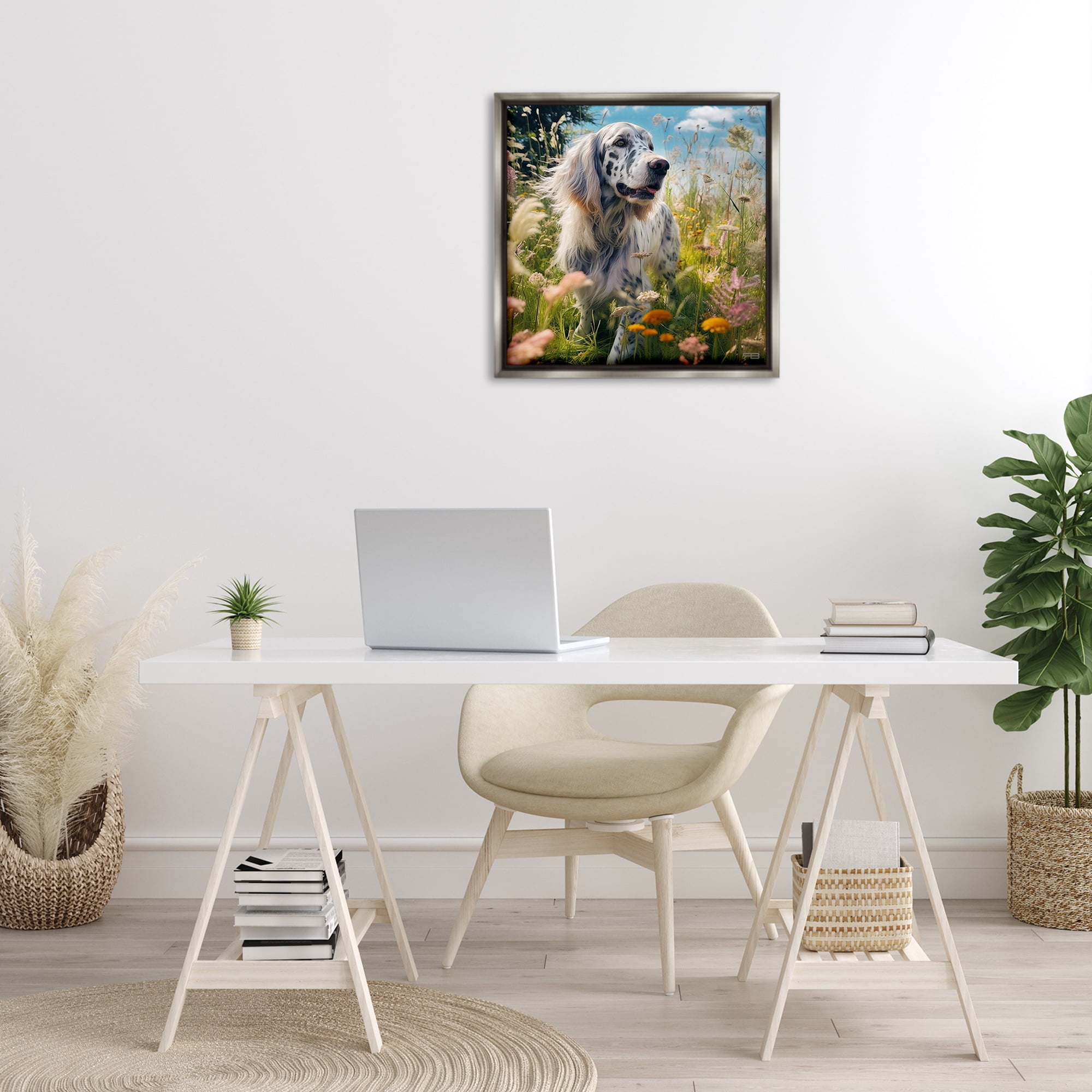 Stupell Industries Happy Dog Among Flowers Landscape Painting Gray Floater Framed Canvas Art Print Wall Art, 25 x 25