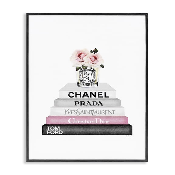 Stupell Industries Modern Pink Flower Black Bookstack Black Framed Giclee Art, 11 x 14, by Amanda Greenwood