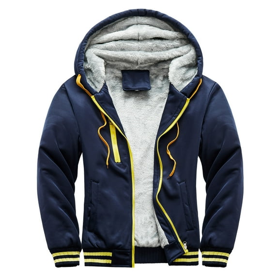 IYTR Mens Loose Jackets Long Sleeve Jacket Zipper Hooded Neck Solid Color Loose Winter Warm Hooded Jackets with Pocket Dark Blue XL