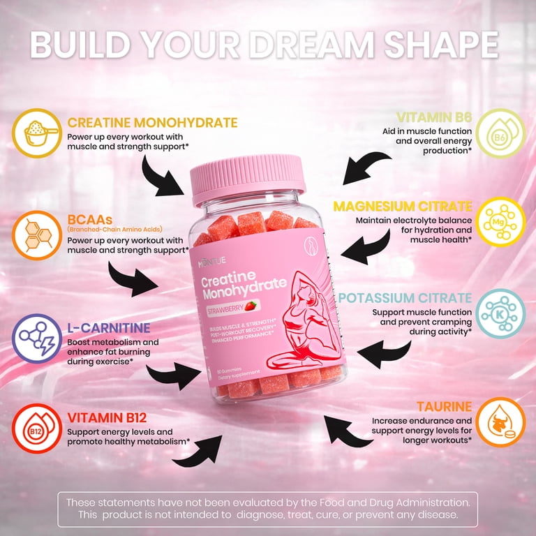 l carnitine womens health Creatine Gummies for Women, 3000mg Creatine Monohydrate with BCAA, L-Carnitine, Taurine, Vitamin B12 & B6, Vegan Sugar Free Creatine Complex for underarms UB Run-M Tablet with Klow:10pk