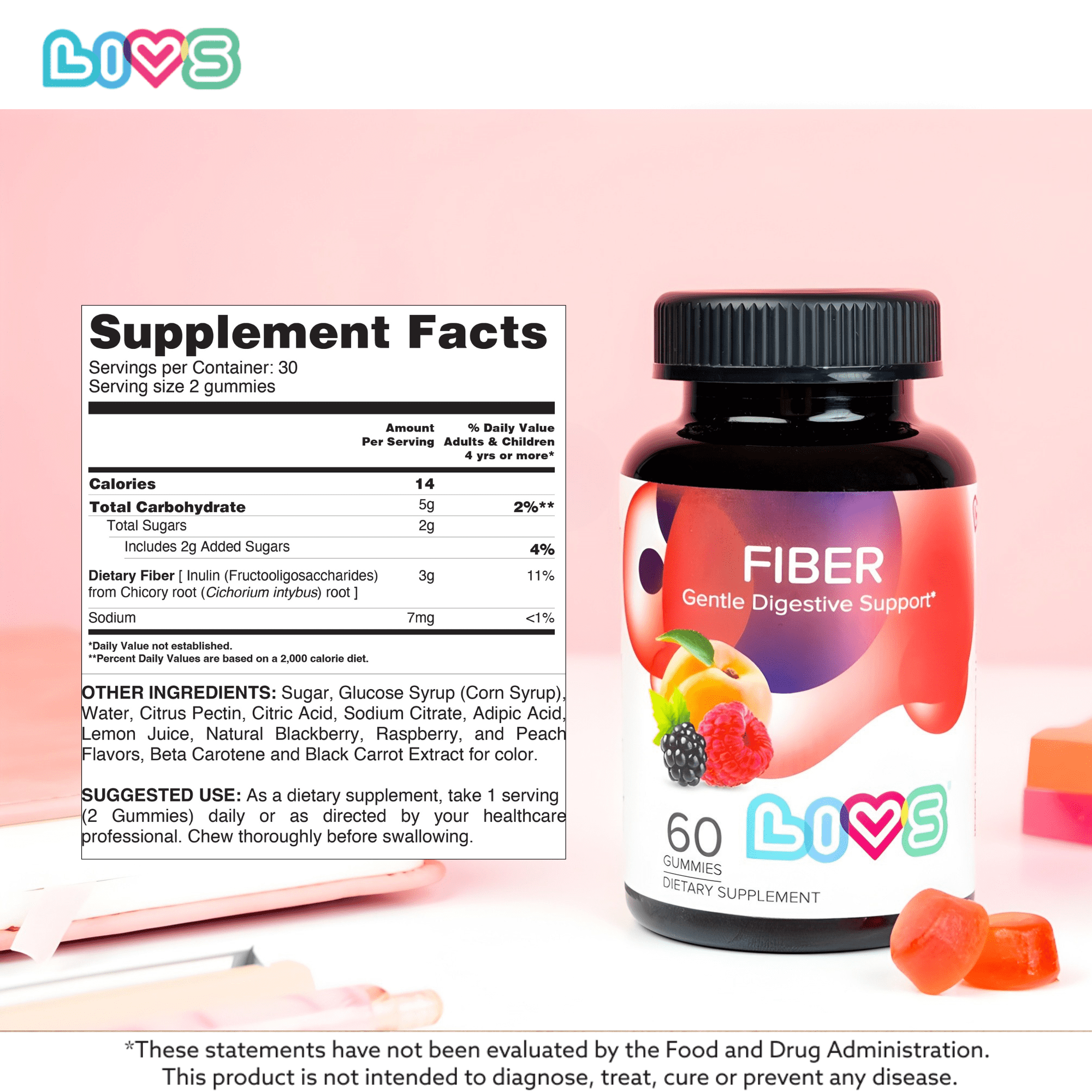LIVS Fiber Gummies for Adults, 3g Prebiotic Inulin for Gut Health, Regularity & Weight Management Support, Vegan, 120 Count with 60 Servings