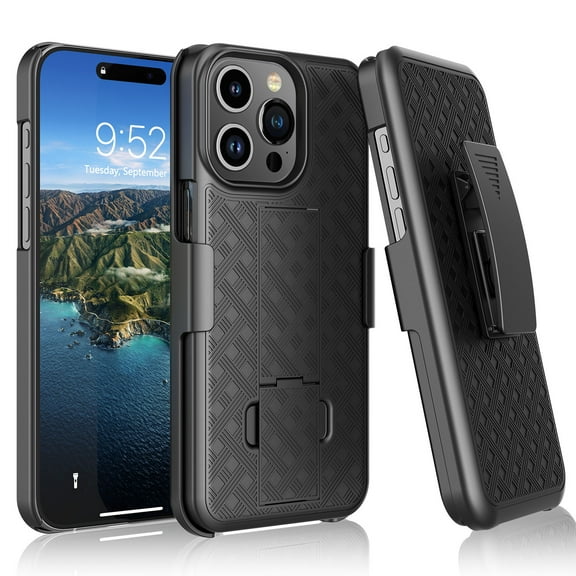 For iphone 15 Phone Case, Case with Holster Belt Clip & Kickstand Cover for iphone 15, Ebizware Holster Case Combo Shell Swivel Belt Clip Defender Shockproof Hard Cover - Black