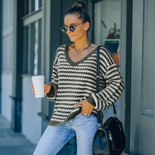 Suéter de manga larga con cuello en mujer Suéter de rayas Streetwear de punto, Jersey de jersey informal de manga larga para mujer Suéter de verde XL Yinane Suéter con cuello en V para mujer