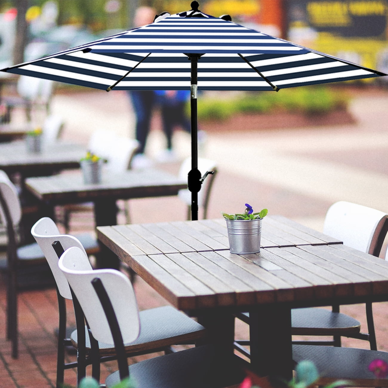 Bibana 7.5 ft Outdoor Patio Umbrella Table Umbrella with 6 Ribs, Push Button Tilt/Crank - Blue and White