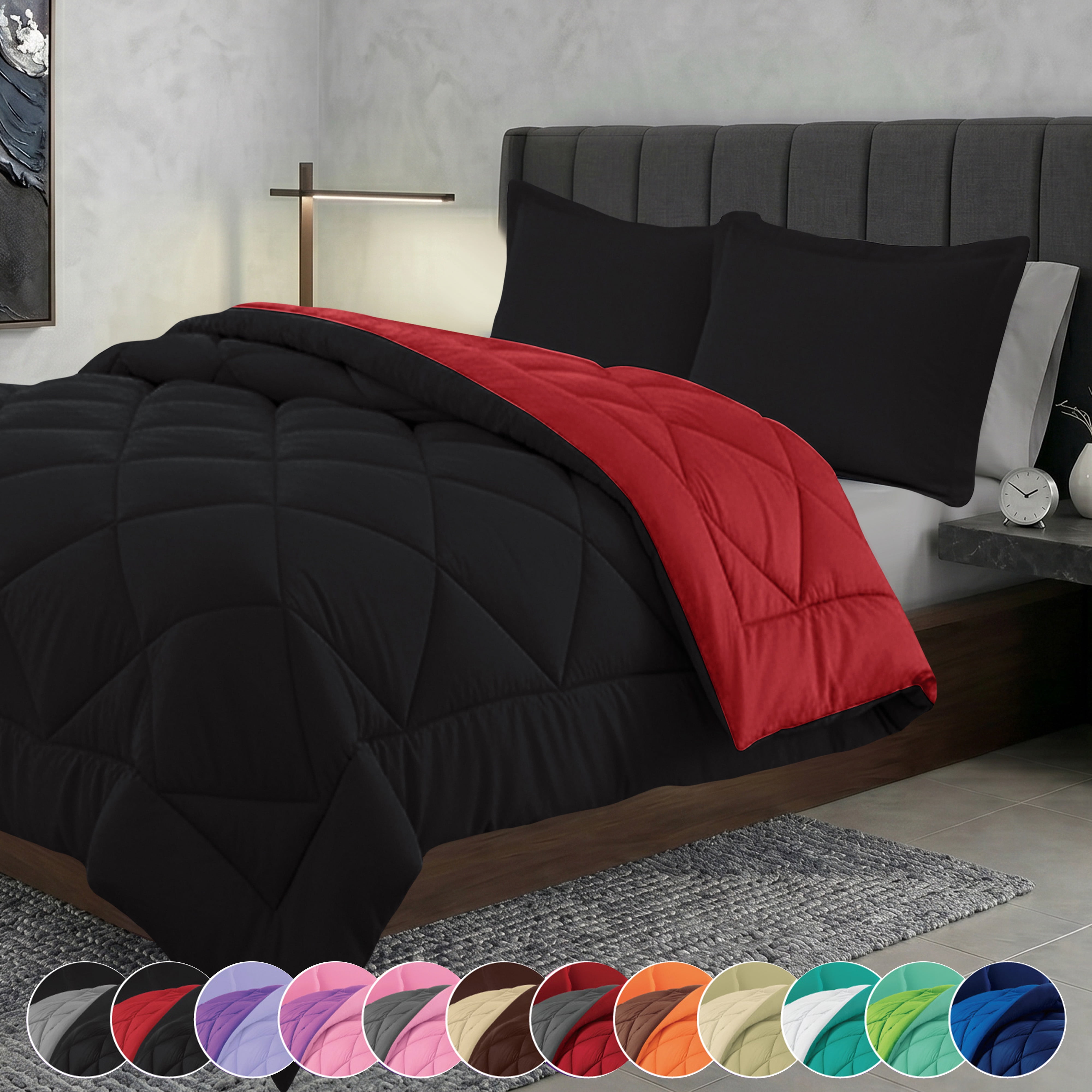 Elegant Comfort Reversible Down Alternative Comforter Set, Soft Microfiber All-Season Bedding, Lightweight Wrinkle & Fade Resistant Comforter, Full/Queen, Black/Burgundy