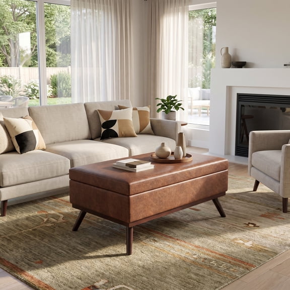 Owen 42 in.W Table Storage Ottoman in Distressed Saddle Brown Faux Leather