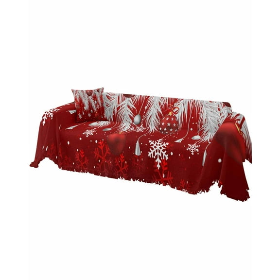 Red Christmas Sofa Couch Covers for 3 Cushion Couch, Washable L Shape Sectional Sofa Covers for Loverseat/Pets/Kids, Xmas Balls Snowflake Silver Pine Needles Slipcover Blanket Futon Cover 71''x134''