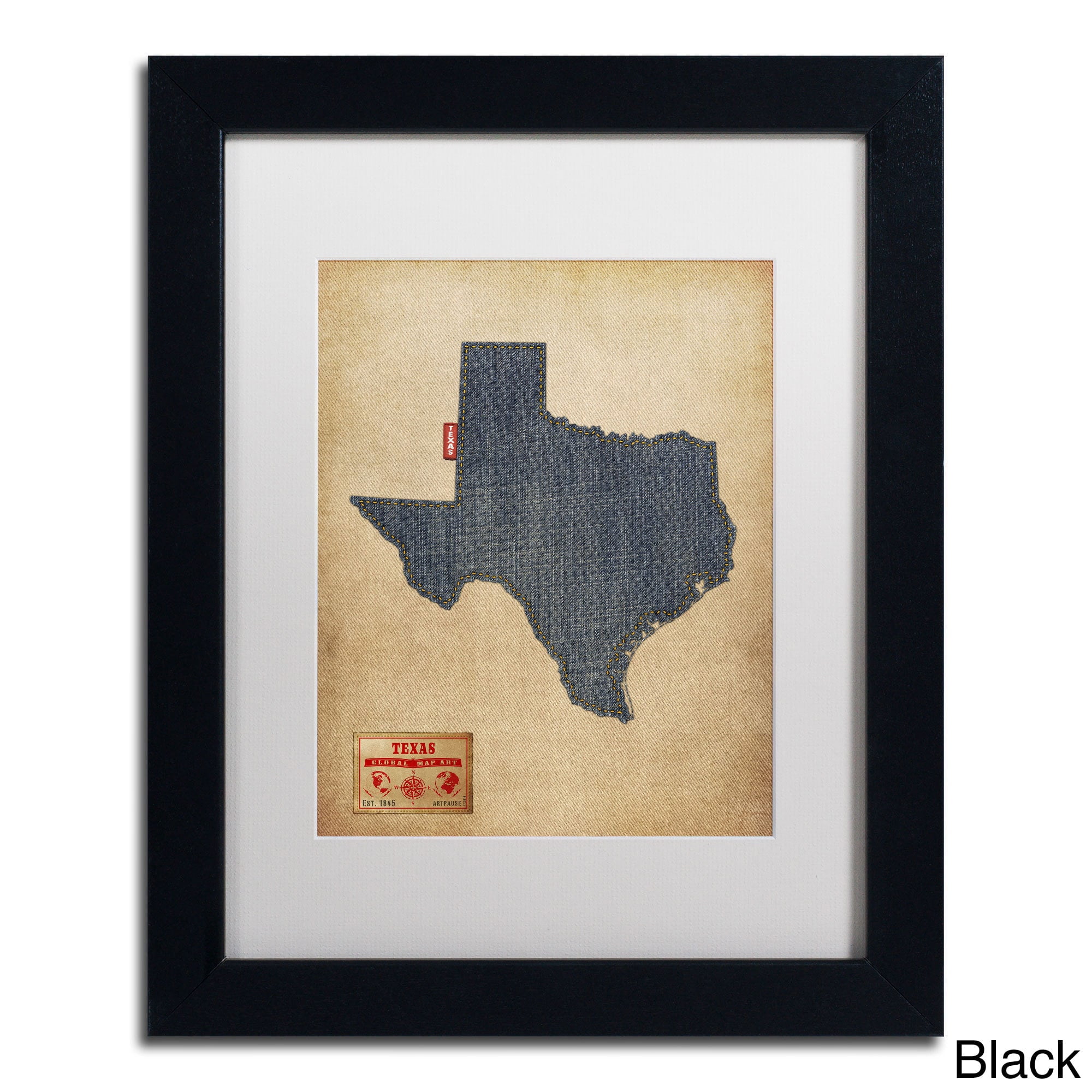 Trademark Fine Art "Texas Map Denim Jeans Style" Canvas Art by Michael Tompsett, White Matte, Wood Frame