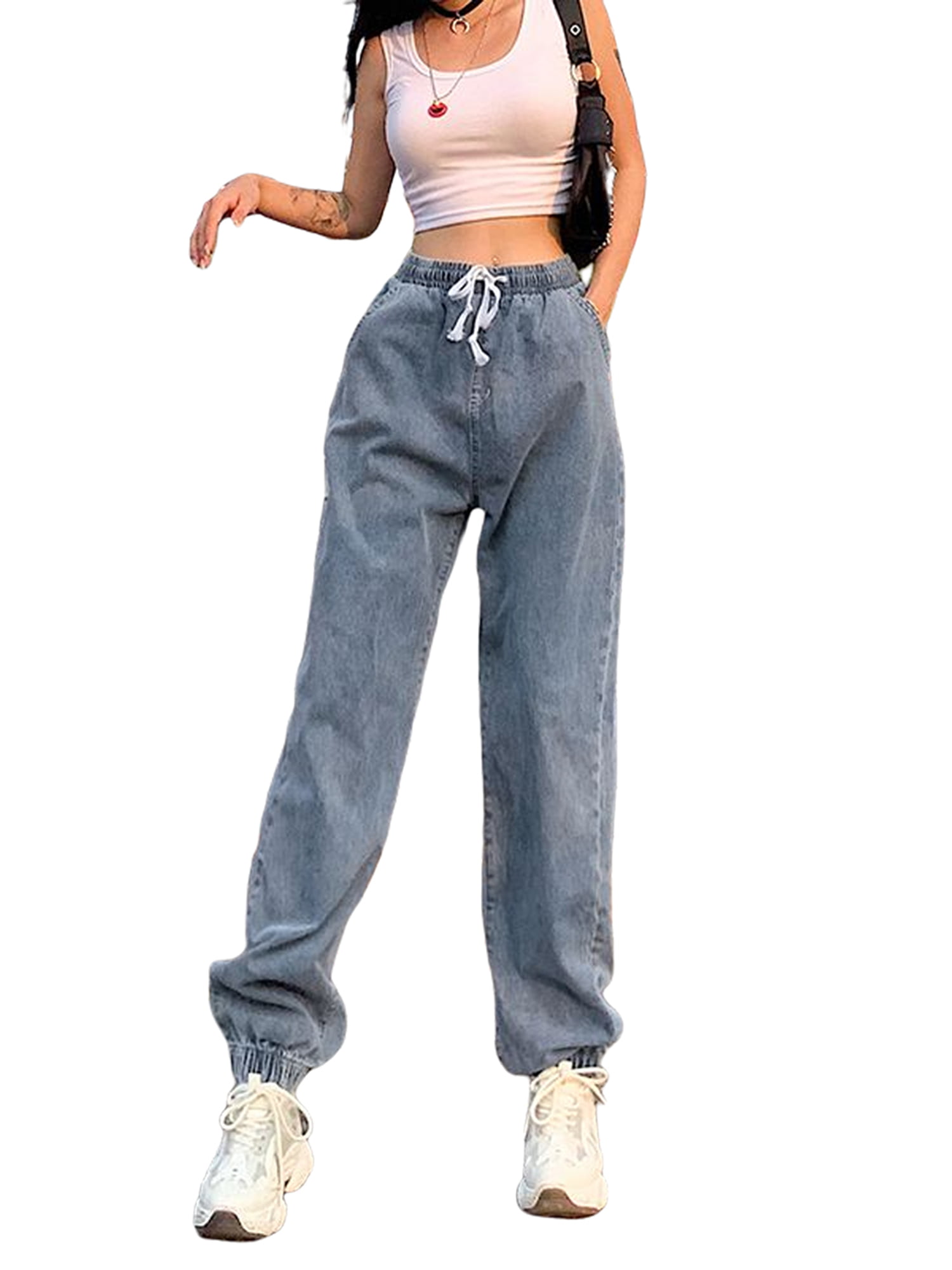 Women High Elastic Waist Trousers Jeans Denim Baggy Loose Long Pants Plus Size