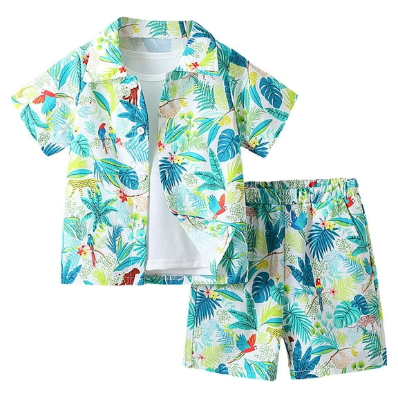 Gibobby Toddler Boy Clothes Baby Flamingo Hawaiian Outfits Short Sleeve Shirt Elastic Waist Shorts Summer Beach Set(Green,4-5 Years)