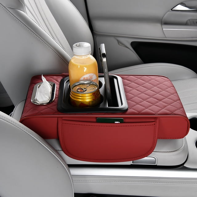 Car Center Console Cover, PU Leather Armrest Cushion Organizer with Double Cup Holder and Storage Box