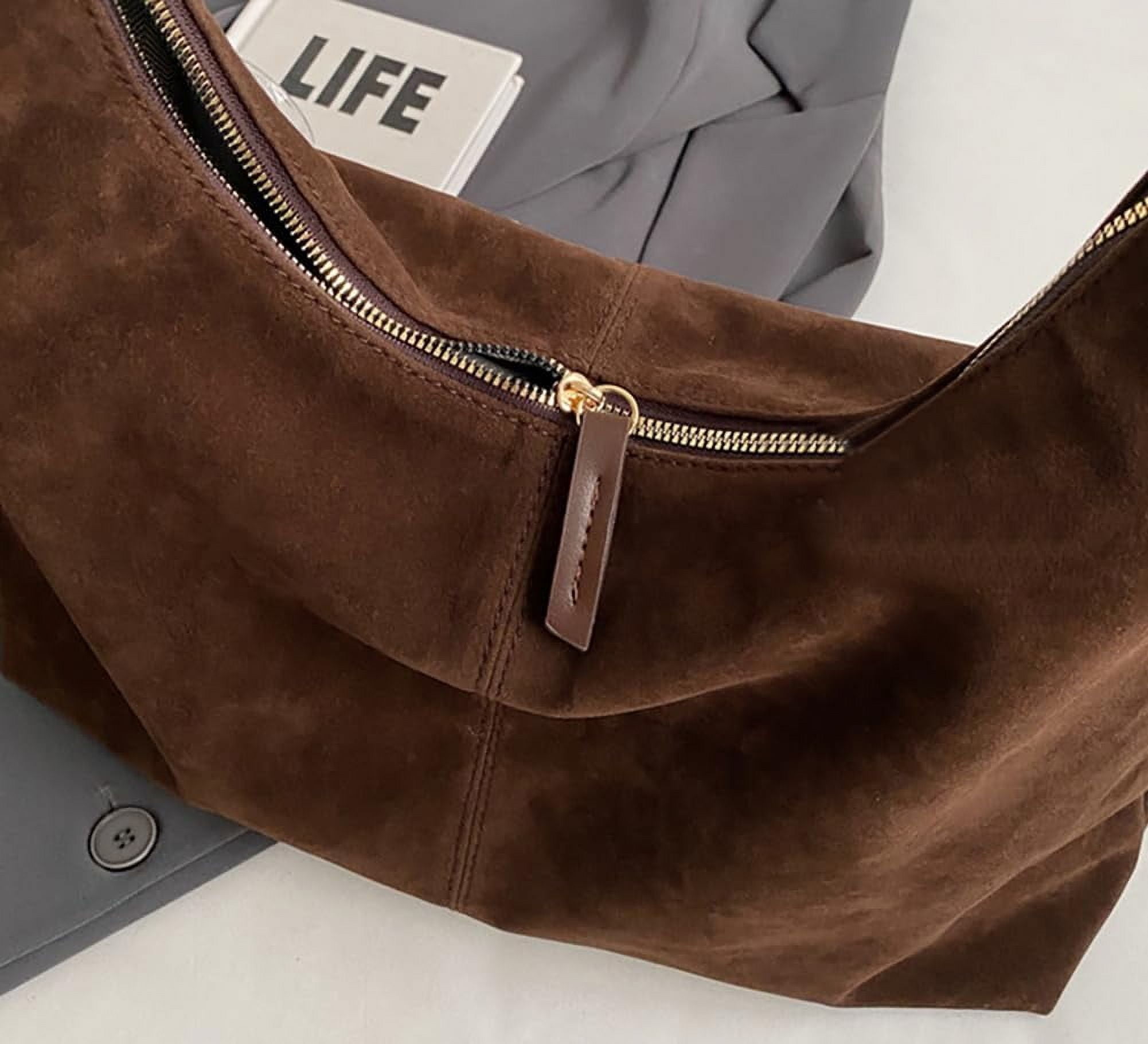 Omlopp Slouchy Suede Shoulder Bags For Women Underarm Bag Womens Tote Bag Work Purses Crescent Bag Suede Handbag Travel Winter Fall(Coffee)
