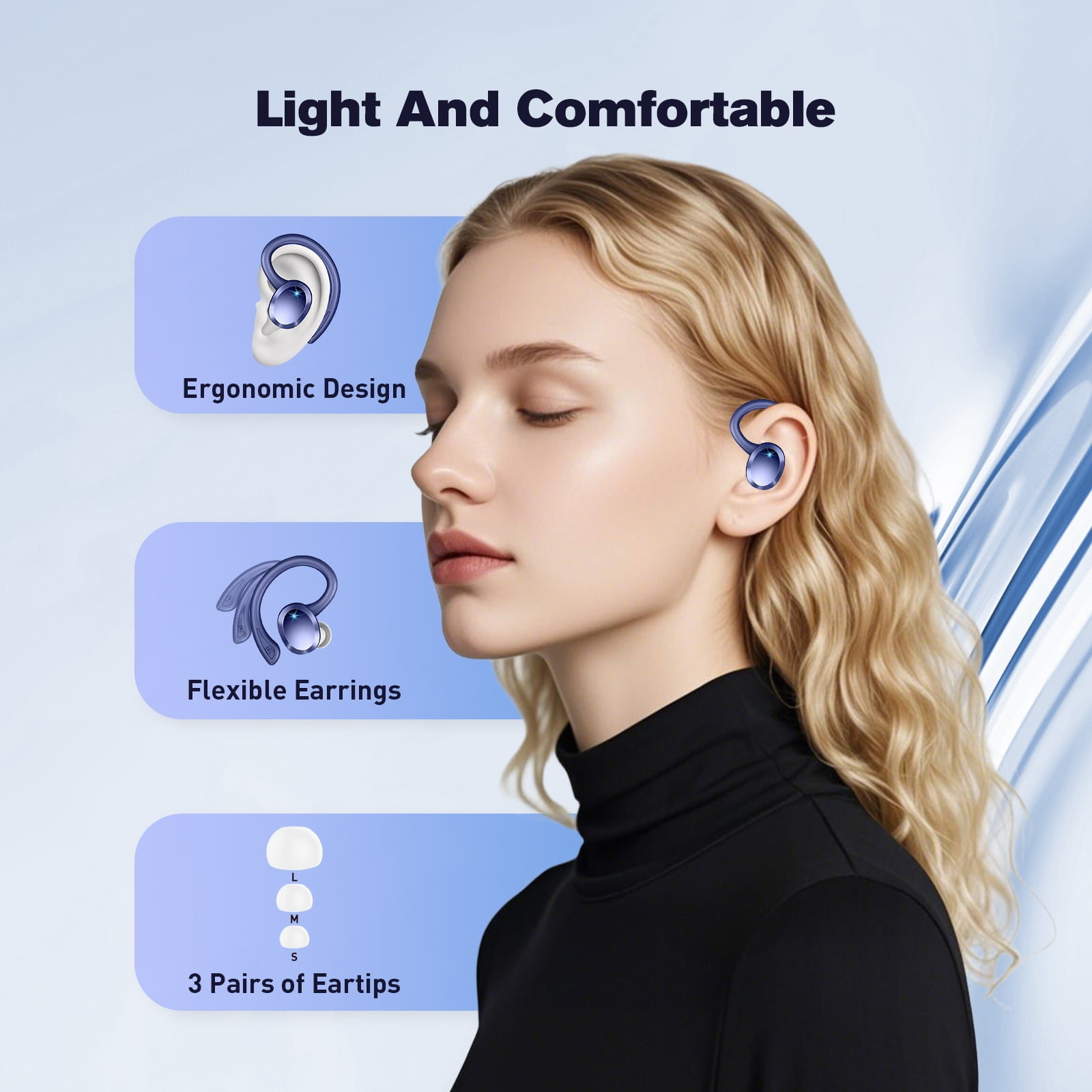 Wireless Earbuds - ETEPPEHI Bluetooth 5.3 Stereo Ear Buds with Earhooks, ENC Noise Cancelling Mic, IP7 Waterproof Earphone for Workout/Running, Blue