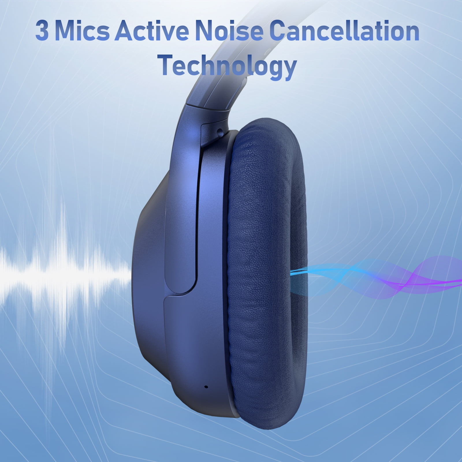 Ankbit E500 Active Noise Cancelling Wireless Headphones with Microphone, Bluetooth 5.2, Deep Bass, 80H Playtime, Voice Assistant for Travel/Home/Office - Blue