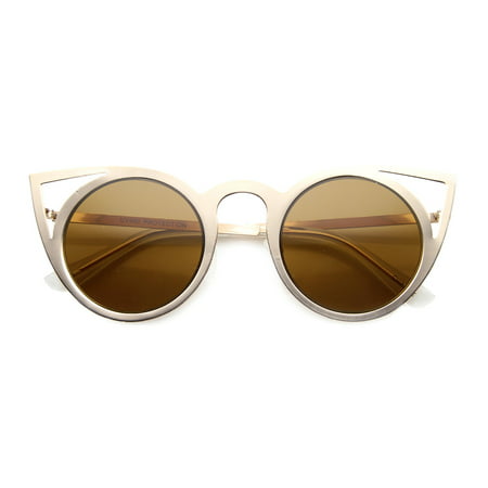 Womens High Fashion Full Round Metal Cut-Out Cat Eye Frame Sunglasses 9788