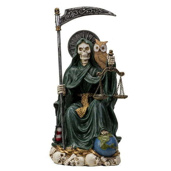 Pacific Trading Sitting Santa Muerte Green Gown with Owl Figurine Death 9 Inch