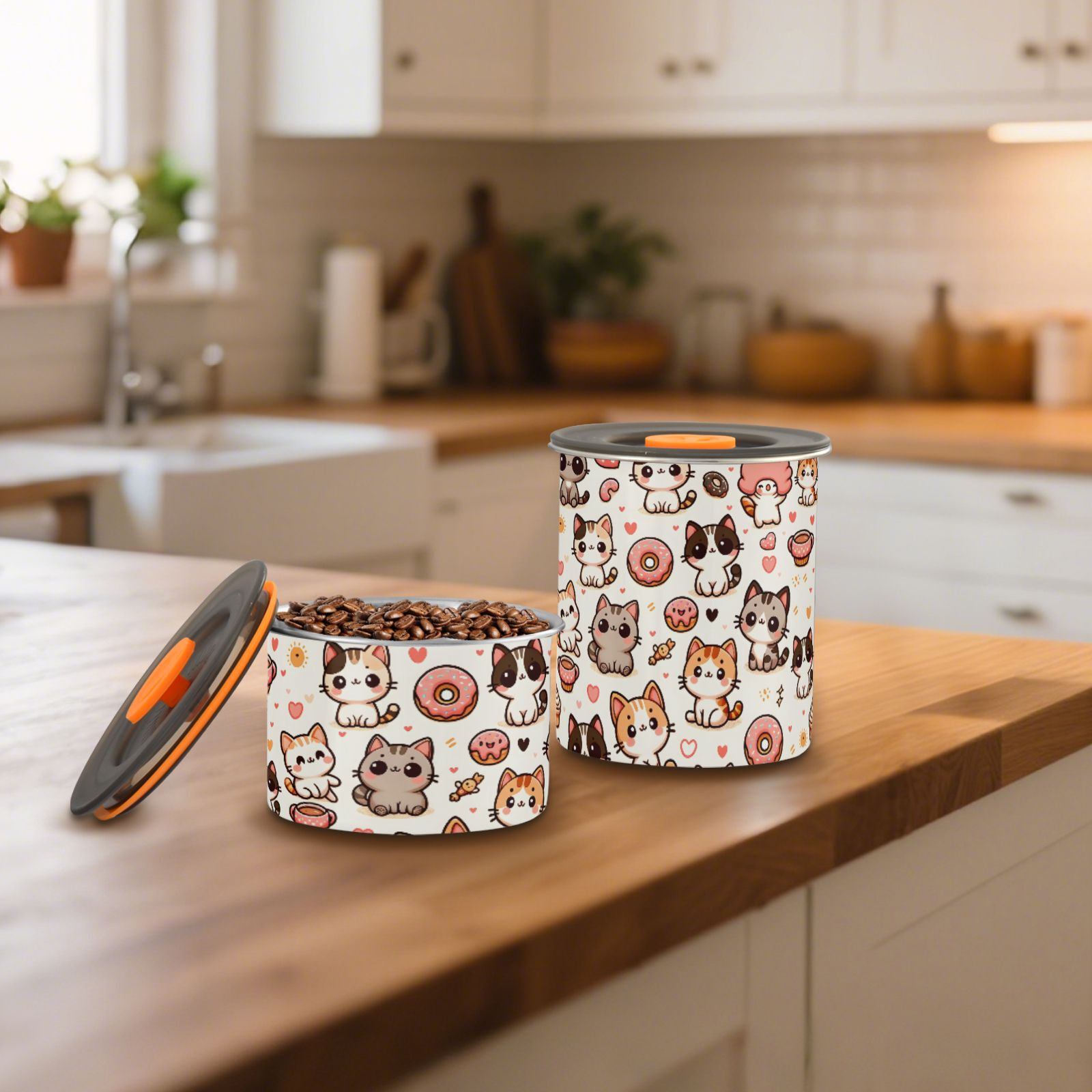 Kitten Cat Donut Airtight Coffee Bean Canister 30oz Food Storage Containers with Lids For Gournd, Tea, Sugar, Flour, Rice, Cereal, Candy Cookie Jar