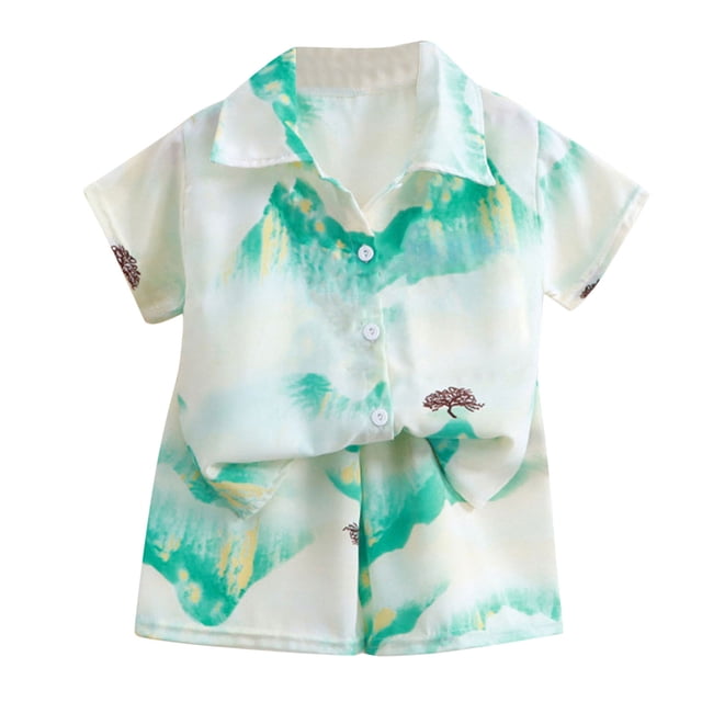 LUOGENLI Ensemble Maxi Garçon Été Patchwork Coloré Imprimé Manches Courtes et Shorts 2 Pcs avec Shorts et Poches Vert Clair 2-3 Ans