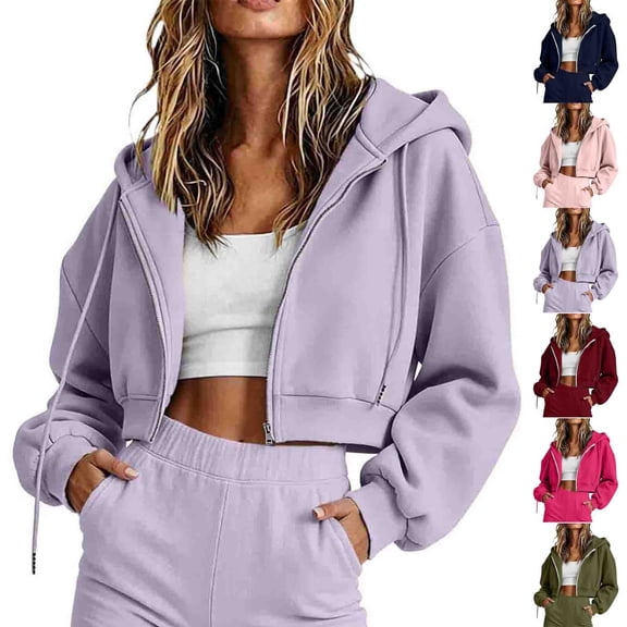 WAGUTH Women's Cropped Hoodies Zip Up Soft Lightweight Sweatshirt Casual Athletic Jacket Fall Fashion Outfits with Pockets,Purple,S