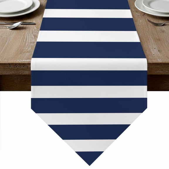 Table Runners 72 Inches Long, Navy Blue Stripe Cotton Linen Kitchen Dining Coffee Table Runner for Party Home Decor, Modern Simple Geometric White Striped Tabletop Dresser Scarves Runner 14x72 Inch
