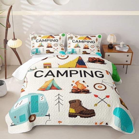 Erosebridal Cartoon Camping Theme Twin Quilt Set, Camper Arrow Bonfire Twin Coverlet Set, 2pcs 1 Bedspread and 1 Pillowcase