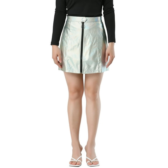 DARING DIVA Women's A-Line Zipper Front High Waist Mini Skirt S Silver