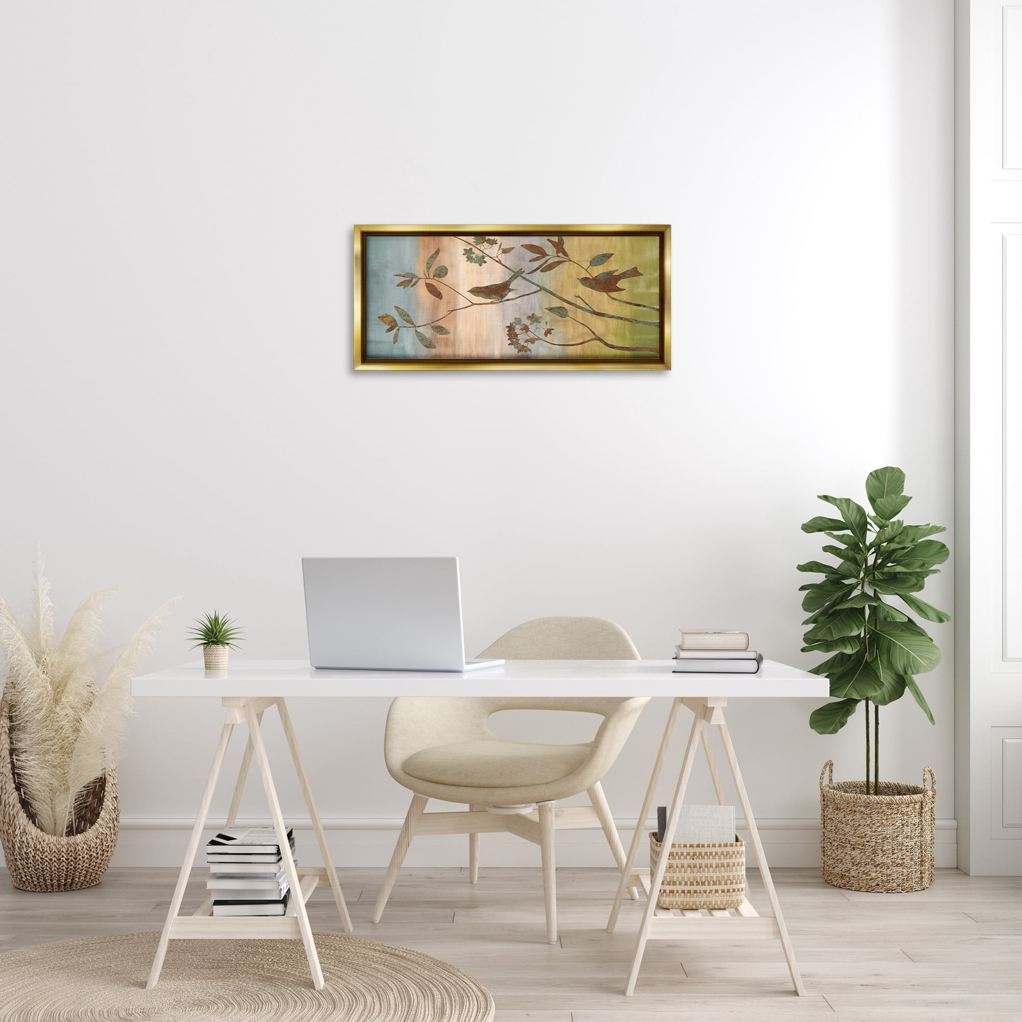 Stupell Industries Collaged Bird Nature Silhouette Botanical & Floral Painting Gold Floater Framed Canvas Art Print Wall Art, 31 x 14