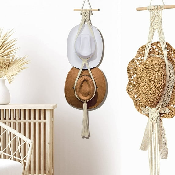 Macrame Hat Hangers Boho Hat Hangers for Wall Bohemian Women Hat Rack Hat Organizer for Wall Hanging Hat Display Hand Weaving Hat Rack Decorative Cap Holder for Wide Brim Cap