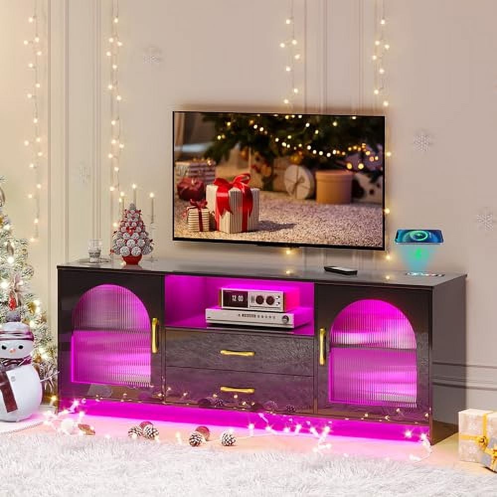 Gurexl RGB TV Stand with Wireless Charging Station for TVs up to 75 Inch,Human Sensor LED TV Cabinet with USB&Type-C Ports,24 Color Dimmable Television Stand with Drawers & Storage Cabinet