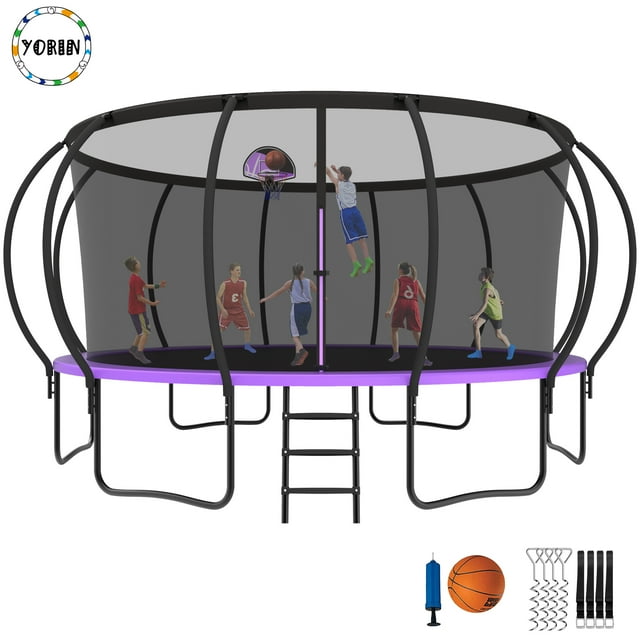 YORIN Trampoline pour 10 Enfants, Trampoline de 16 Pi pour Adultes avec Filet de Protection, Panier de Basketball, Échelle, Capacité de Poids de 1500 Lb, Trampoline Récréatif Extérieur, Trampoline Robuste