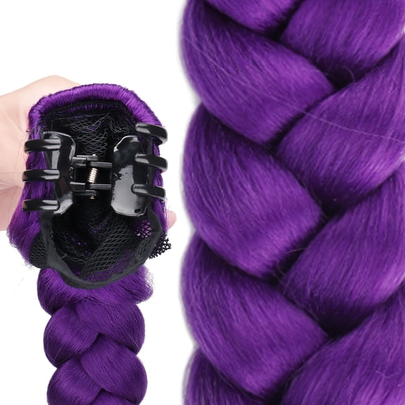 [Braided Ponytail Extension] Purple Braided Clip-On Ponytail Hair Extension for Women, Styled in Kpop Fashion. This Heat-Resistant And Durable Wig-18inchPurple