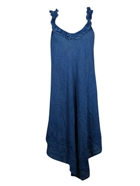 Mogul Women Midi Dress Blue Solid Flared Sundress Summer Sleeveless Beach Cover Up Tank Dress S