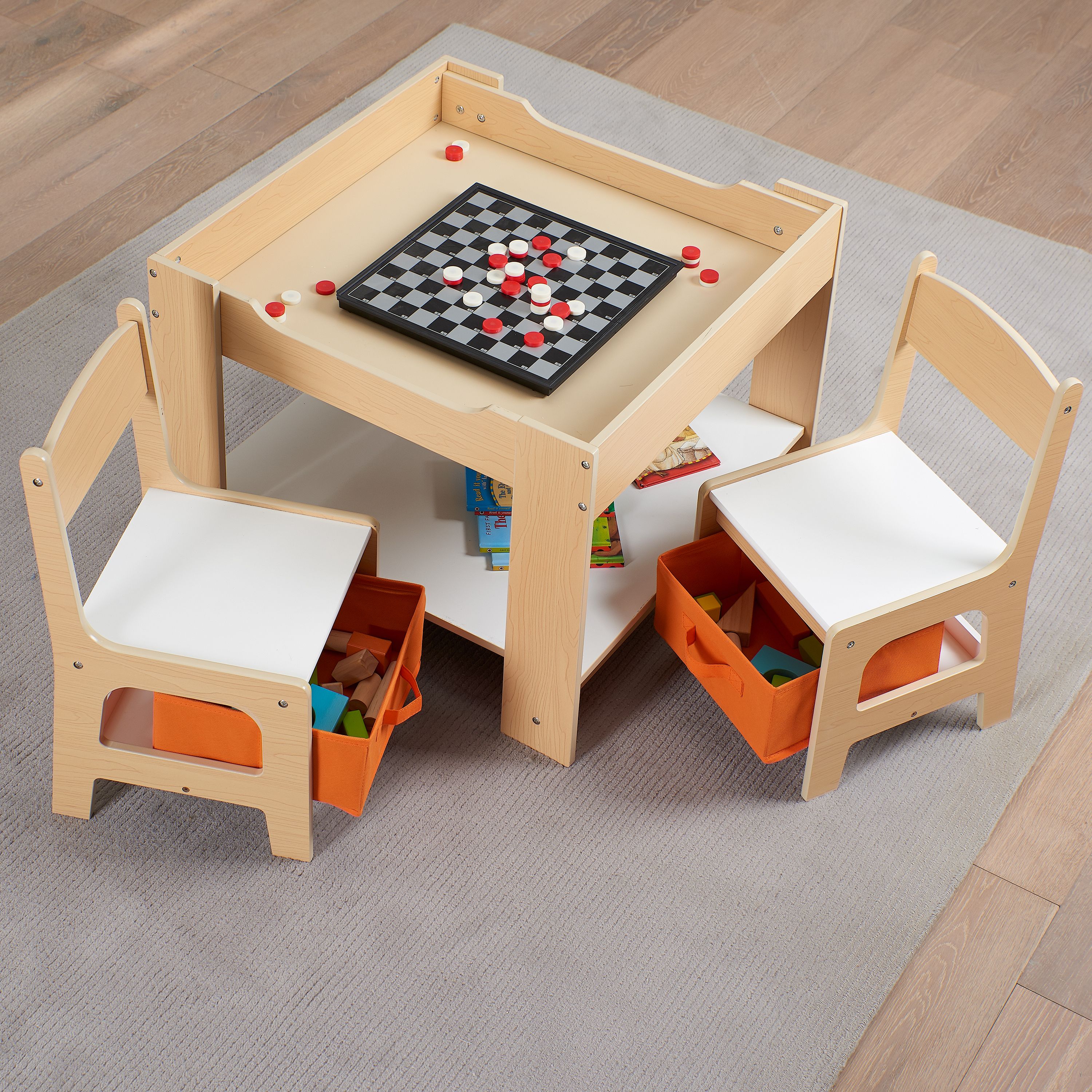 Senda Kids 3 Piece Wooden Storage Table and Chairs Set, White and Natural, Ages 3-7 - image 4 of 8