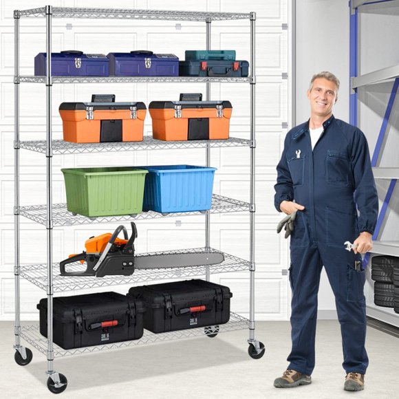6 Tier Wire Shelving Unit Adjustable Storage Shelves Metal Shelf with Wheels Wire Rack for Garage Basement Kitchen Racks 2100lbs Capacity Metal Pantry Shelves,Silver