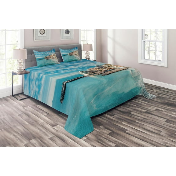 Ambesonne Turquoise Quilted Coverlet 3 Pcs, Seascape Ocean Coast, King Size, Turquoise