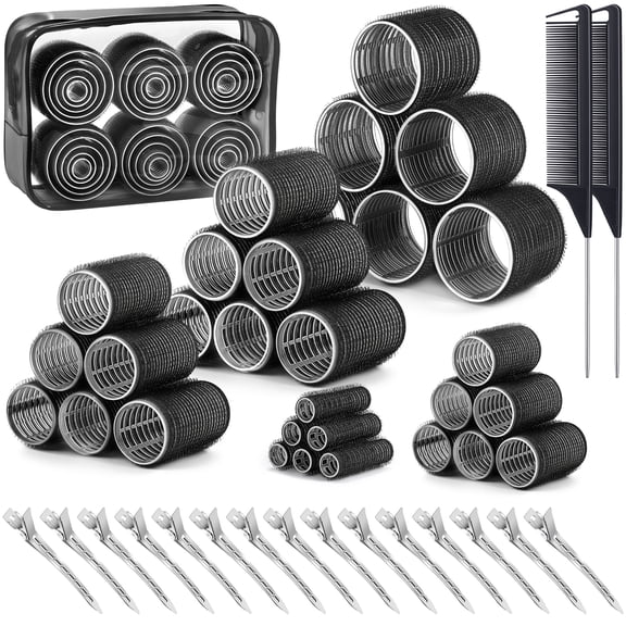 MORGLES Hair Rollers Set, 30 Pcs Self Grip Velcro Rollers with 15 Clips & 2 Rat Tail Combs, Heatless Curlers for Women