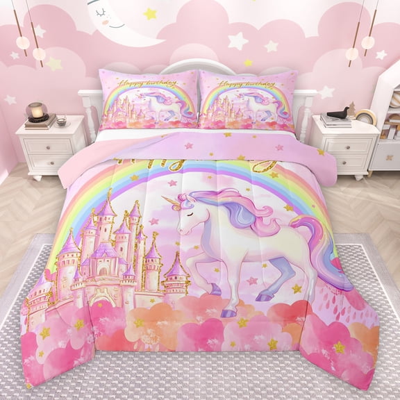jejeloiu Cute Cartoon Unicorn Bedding Comforter Set,Princess Castle Twin Comforter Sets,Happy Birthday Bedding Set For Girls,Ultra Soft Home Decor Reversible,2-Piece